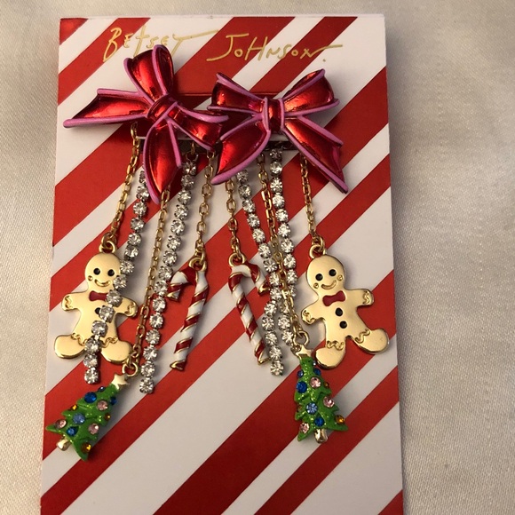 Betsey Johnson Gold Tone Red Metal Bow Front Back Drop Earrings Fringe Accents - Picture 3 of 13